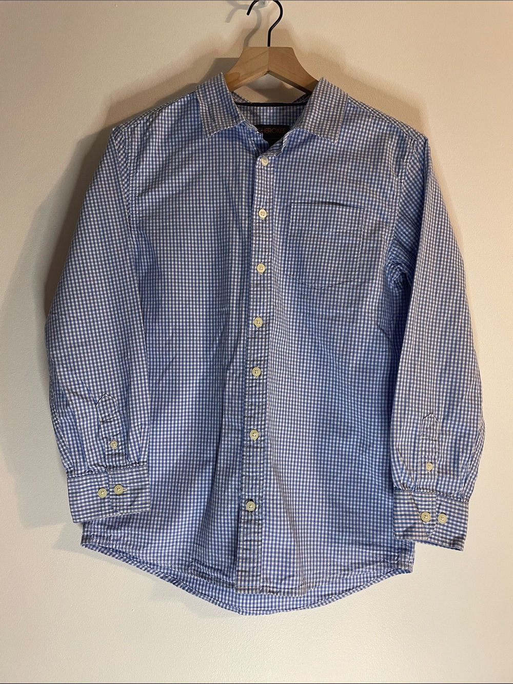 Cherokee Gingham Button Down Up Front Shirt Blue White Youth Kids Boys Large